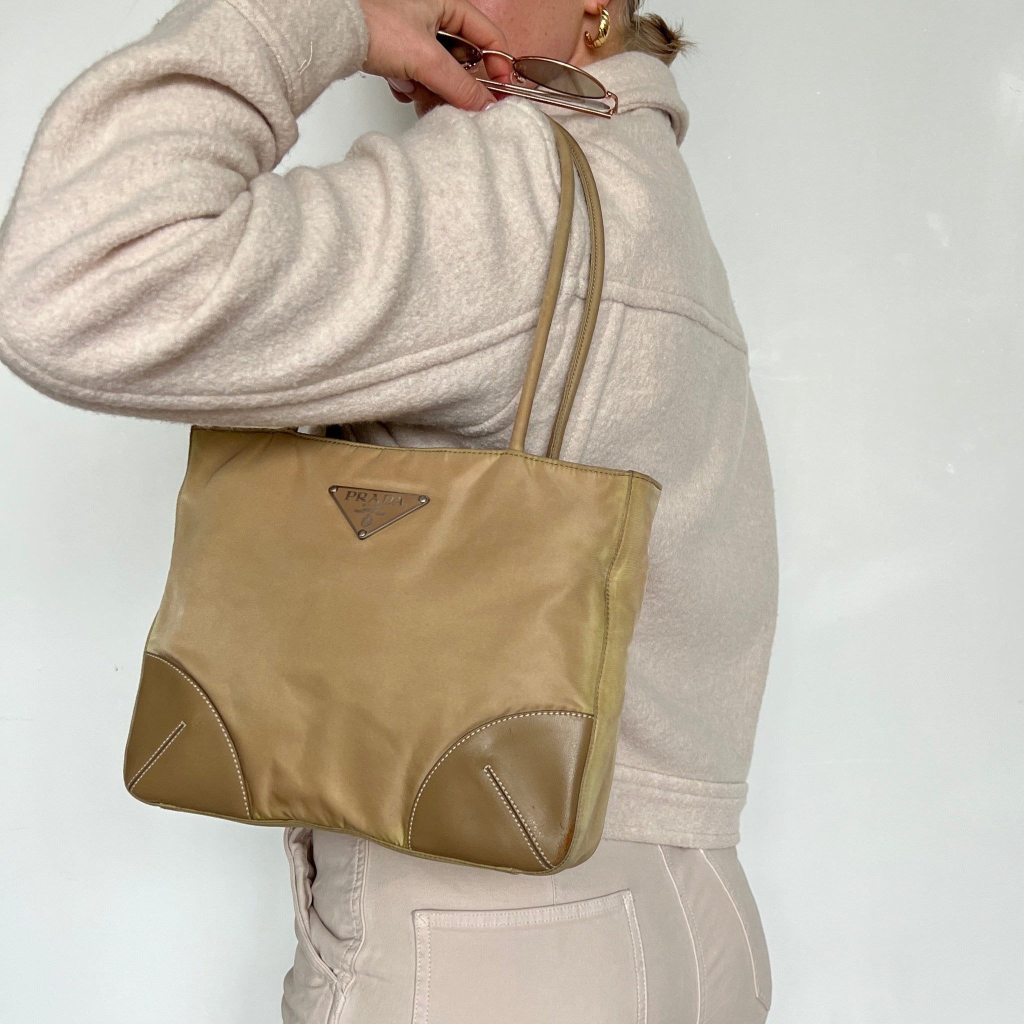 Prada Nylon Leather Tessuto Tote Bag Beige